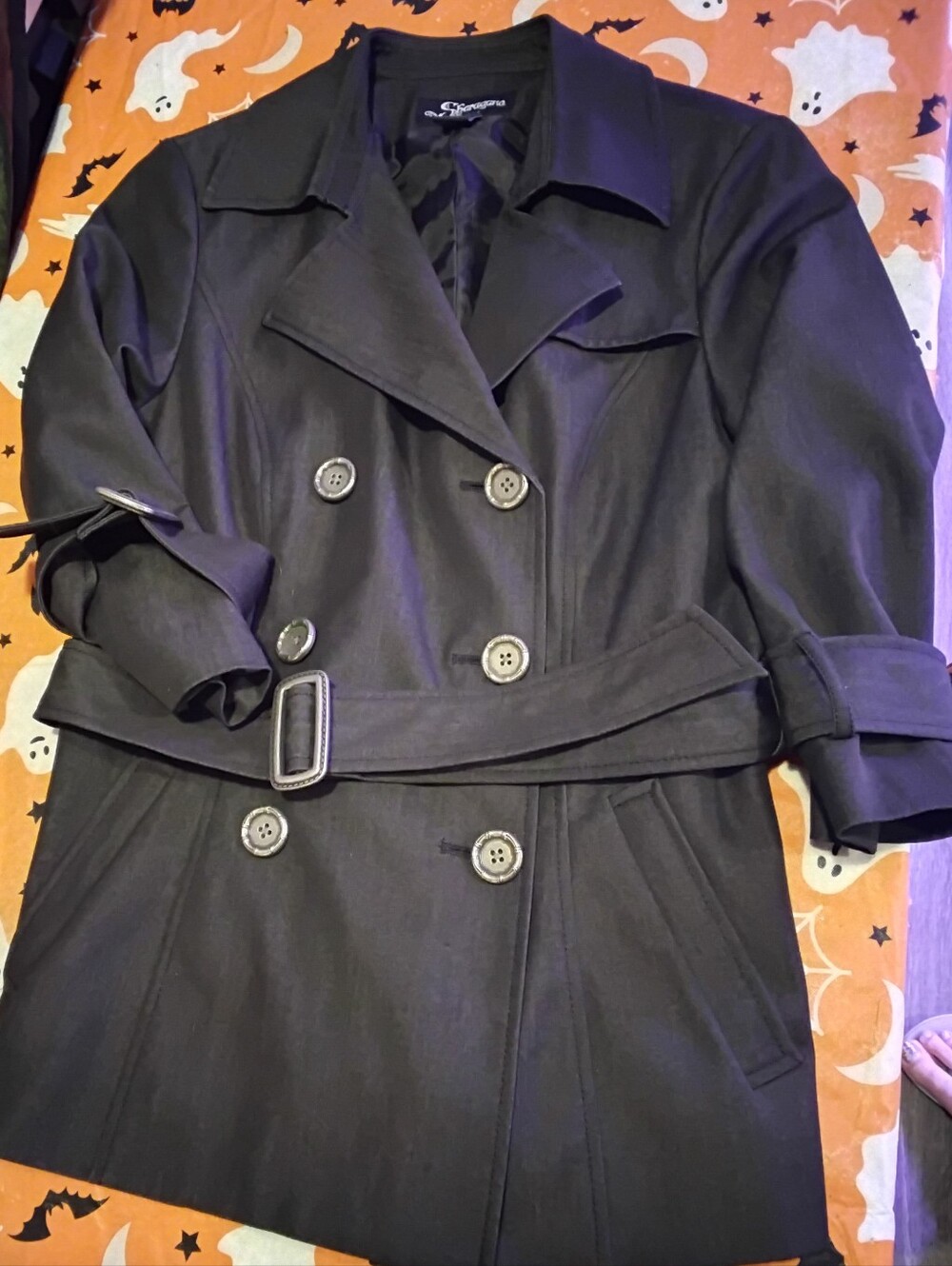 Sharagano Women's size Small Double Breasted Belted Trench Coat dark Grey New